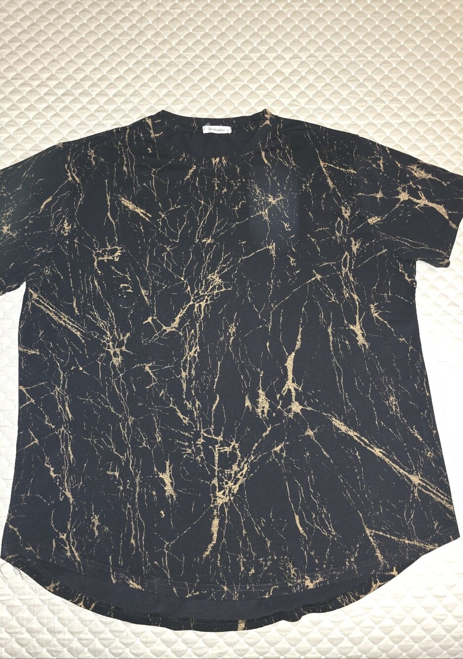 XXL - Men's Black Marble-Print Short Sleeve Shirt by LIEGOU